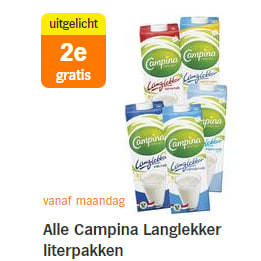 1+1 gratis op alle literpakken Campina Langlekker bij de AH