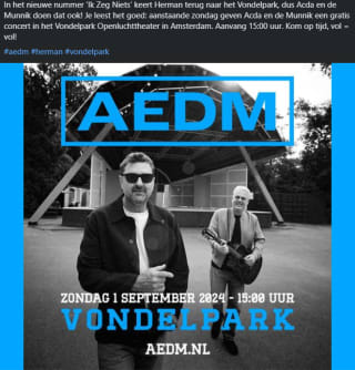 Vandaag gratis concert Acda en de Munnik in het Vondelpark Openluchttheater in Amsterdam om 15.00 uur