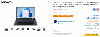 Lenovo IdeaPad 3 15ALC6 15.6" Ryzen 7 5700U por $11,349 en CyberPuerta