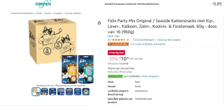 Felix kattensnoepjes 60g - doos van 16 verpakkingen voor €10,89 met Amazon prime