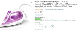 Braun TexStyle 3 SI3030PU - Stoomstrijkijzer - Paars voor €28,49 bij Amazon