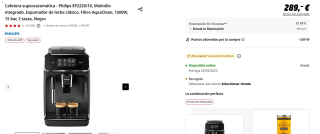 Cafetera superautomática Philips EP2220/10, Molinillo integrado, Espumador de leche clásico por 245,65€