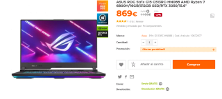 Ordenador Portatil ASUS ROG Strix G15 G513RC-HN088 AMD Ryzen 7 6800H/16GB/512GB SSD/RTX 3050/15.6" por 869€