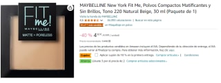 3 MAYBELLINE New York Fit Me, Polvos Compactos Matificantes y Sin Brillos, Tono 220 Natural Beige, 30 ml por 8.3€