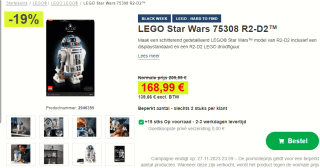 LEGO Star Wars 75308 R2-D2 voor €168,99 bij Proshop