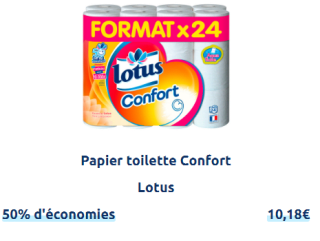 24 Rouleaux de Papier toilette Lotus confort à 10,18€