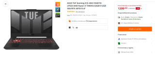 Ordenador Portatil ASUS TUF Gaming A15 2023 FA507XI-LP024 AMD Ryzen 9 7940HS/32GB/512GB SSD/RTX 4070/15.6" por 1399€