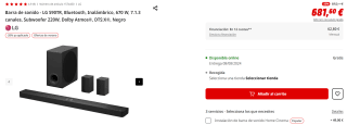 Barra de sonido LG S90TR, Bluetooth, Inalámbrico, 670 W por 681,60€ (newsletter por 671,60€)