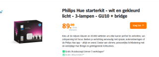 Philips Hue starterkit - wit en gekleurd licht - 3-lampen - GU10 met bridge voor €89 in de AH voordeelshop