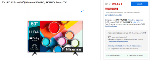 Televisor LED de 50" Hisense 50A6BG, 4K UHD, Smart TV por 296.65€