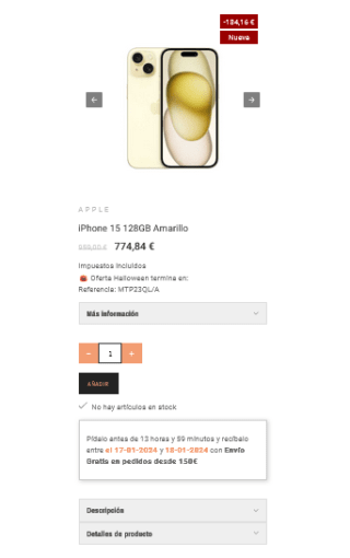 iPhone 15 128GB Amarillo por solo 774,84€