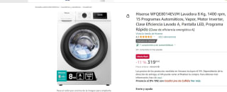 Lavadora de 8kg marca Hisense WFQE8014EVJM por 319,90€