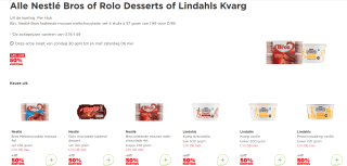 Alle Nestlé Bros of Rolo Desserts of Lindahls Kvarg 50% korting bij de plus