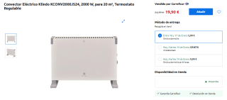 Convector Eléctrico Klindo KCONV2000JS24, 2000 W, para 20 m² por 19,90€