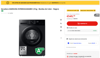 Secadora Samsung DV90DG52A0ABEC de 9 kg - Bomba de Calor por 494,99€