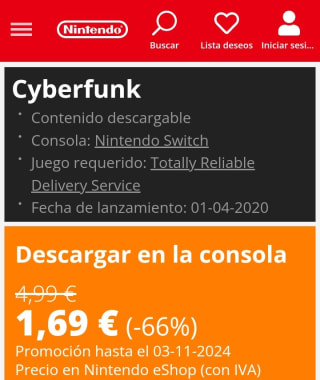 Cyberfunk Nintendo Switch por 1,69€.