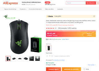 Mouse gamer da Razer, modelo Deathadder essencial - R$ 62,44