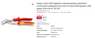 KNIPEX Cobra VDE Hightech-waterpomptang voor €37,99 bij Amazon