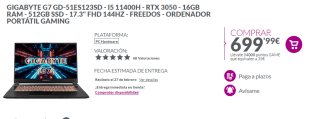 Portatil Gigabyte G7 GD-51ES123SD con i5 11400H de 16GB/512GB SSD por 699,89€