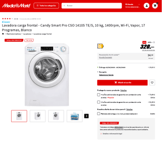 Lavadora carga frontal Candy Smart Pro CSO 14105 TE/S 10kg 1400rpm a solo 290€