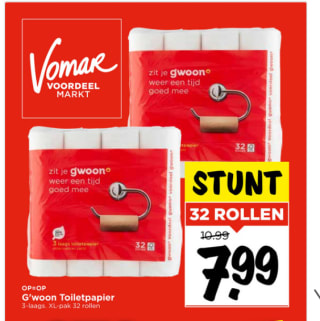 G'woon toiletpapier 32 rollen voor € 7,99 bij de Vomar