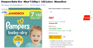 Pampers Baby - Dry Maat 7, 132 Luiers, 15kg+ voor €39,15 bij Bol