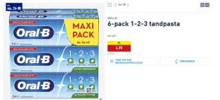 6-pack ORAL-B 1-2-3 tandpasta voor €4,99 bij de Aldi