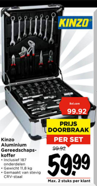 Kinzo Gereedschapskoffer 187 onderdelen voor €59,99 bij Vomar