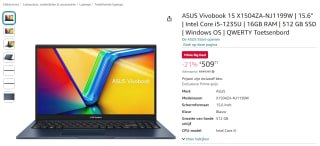 ASUS VivoBook 15 X1504ZA-NJ1199W met Amazon Prime voor €509,77