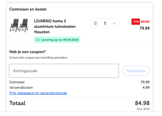 Alle tuinmeubelen van Houston, Toronto en Valencia verzonden voor €4,99 i.p.v. €49,99 in de Lidl webshop