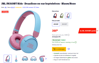 1+1 gratis op de JBL JR310BT Kids koptelefoon (2 voor €39,95) bij Bol