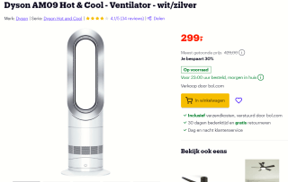 Dyson AM09 Hot & Cool - Ventilator - wit/zilver voor €300 bij Bol.com