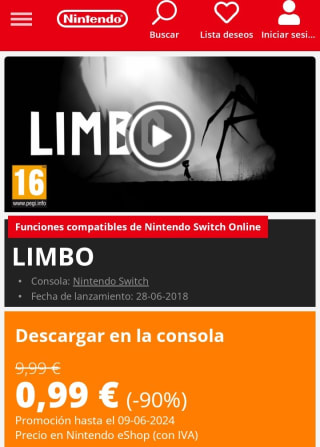 Limbo Nintendo Switch por 0,99€.