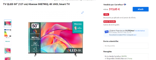 TV QLED 50" Hisense 50E79KQ, 4K UHD, Smart TV por 313,65€