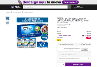 Pack de 7 snacks dentales Dentalife para perros adultos medianos de 119 gramos por $5.590