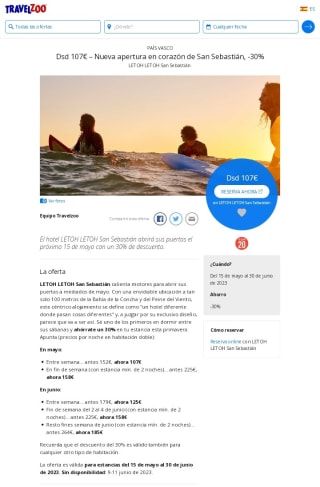 En el corazón de San Sebastián Hotel desde 107€ para 2 personas.