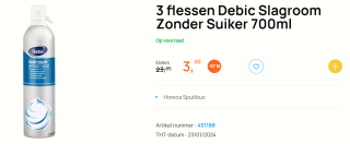 Debic Slagroom Zonder Suiker 700ml 3 flessen voor €3 bij Butlon