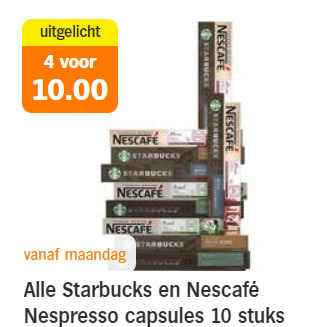 Alle Starbucks en Nescafé Nespresso capsules 10 stuks, 4 voor €10 bij de AH