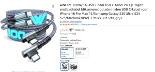 2 Stuks 100W/5A USB C naar USB C Kabels 2M+2M voor €8,99 bij Amazon