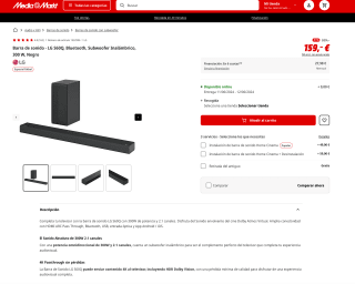 Barra de sonido LG S60Q Bluetooth Subwoofer Inalámbrico 300W por 159€