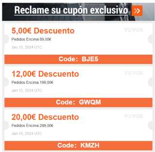 Cupones descuento en vevor de -20€, -12€ y -5€