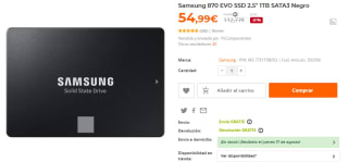 Disco duro Samsung 870 EVO SSD 2.5" 1TB SATA3 por 54,99€