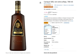 Cacique 500, ron extra añejo, 700 ml por 20,76€