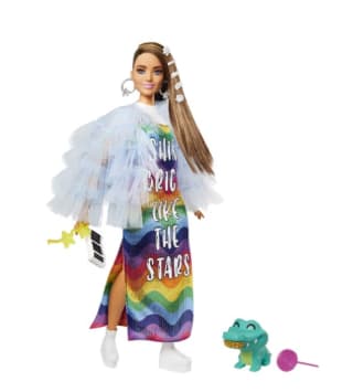 Barbie Extra Muñeca morena articulada con vestido arcoiris,accesorios de moda y mascota por 15€