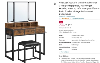 Vasagle kaptafel met spiegel en kruk voor €111,99 bij Amazon.nl