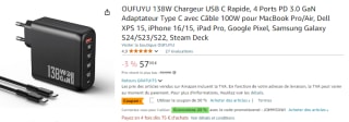 Chargeur USB C 138 W GaN 3.0 avec Câble 100W inclus à 57,99€