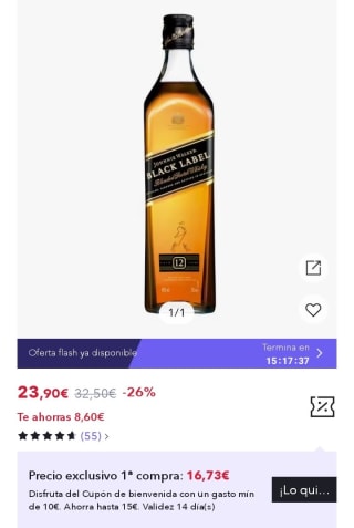 Johnnie Wlker Black Label Whisky 70cl por 16,73€.