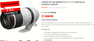 Canon RF 100-500mm f/4.5-7.1L IS USM voor €2549 na cashback bij Fotolooman