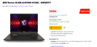 MSI Vector 16 HX A14VHG-671NL 16" Core i9 RTX 4080 Gaming laptop voor €2.009 bij Bol
