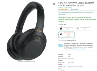 Casque Bluetooth Sony à réduction de bruit sans fil à 191,74€